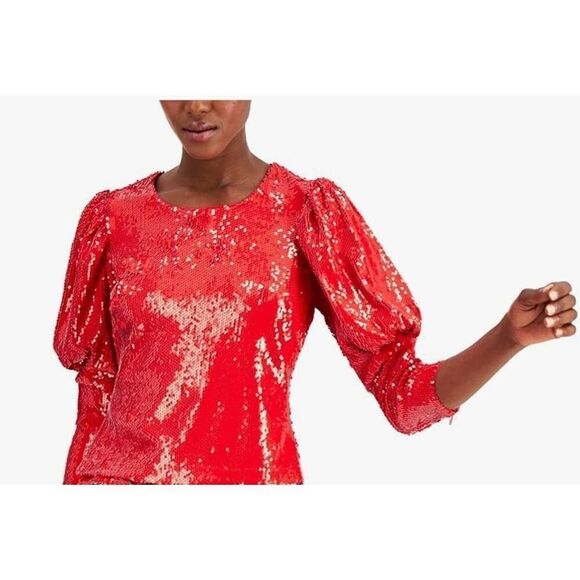 INC Women's Blouse Real Sequin Puff-Sleeve Top Back-Zip Red , PS, NWOT - Picture 3 of 3